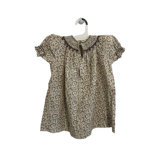 The Plantation Shop Girls 1T Brown Blue Yellow Floral Short Sleeve Smocked Dress - Picture 7 of 9